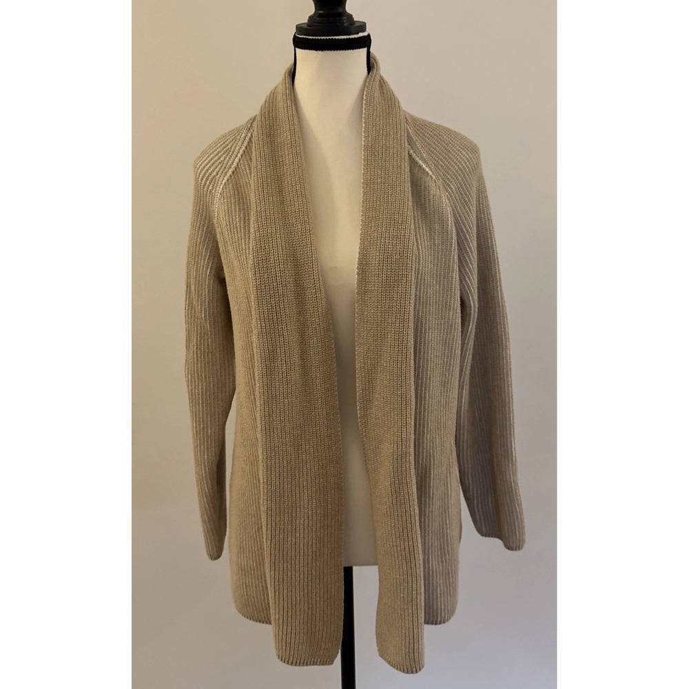 Lands' End Women's Cotton Drifter Beige Open Cardigan Sweater Size Large 14 16